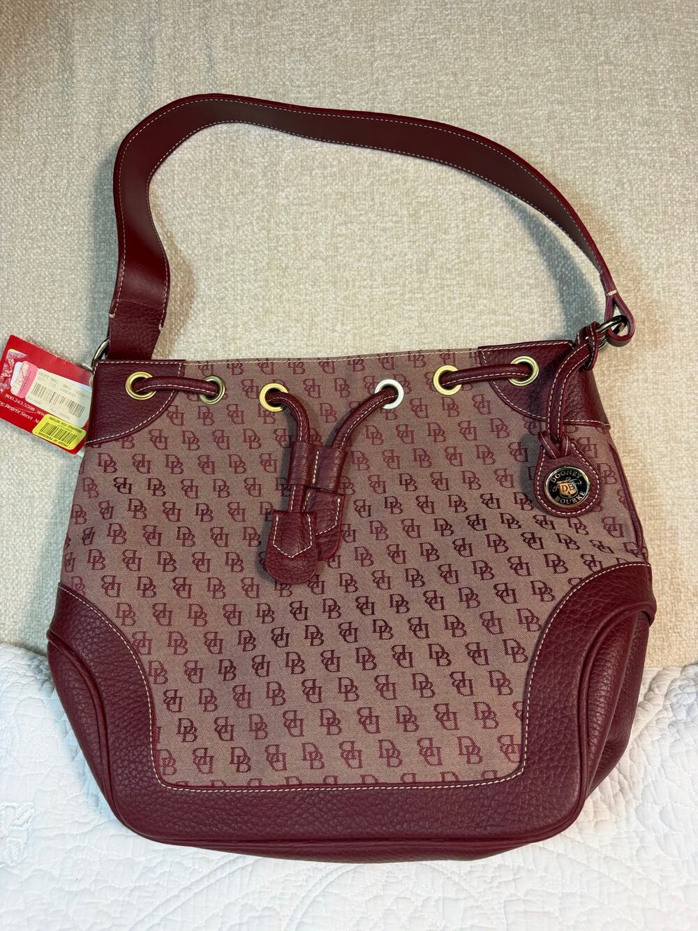 Dooney & Bourke Women Red Vintage Monogram Drawstring Bucket Shoulder Bag Casual